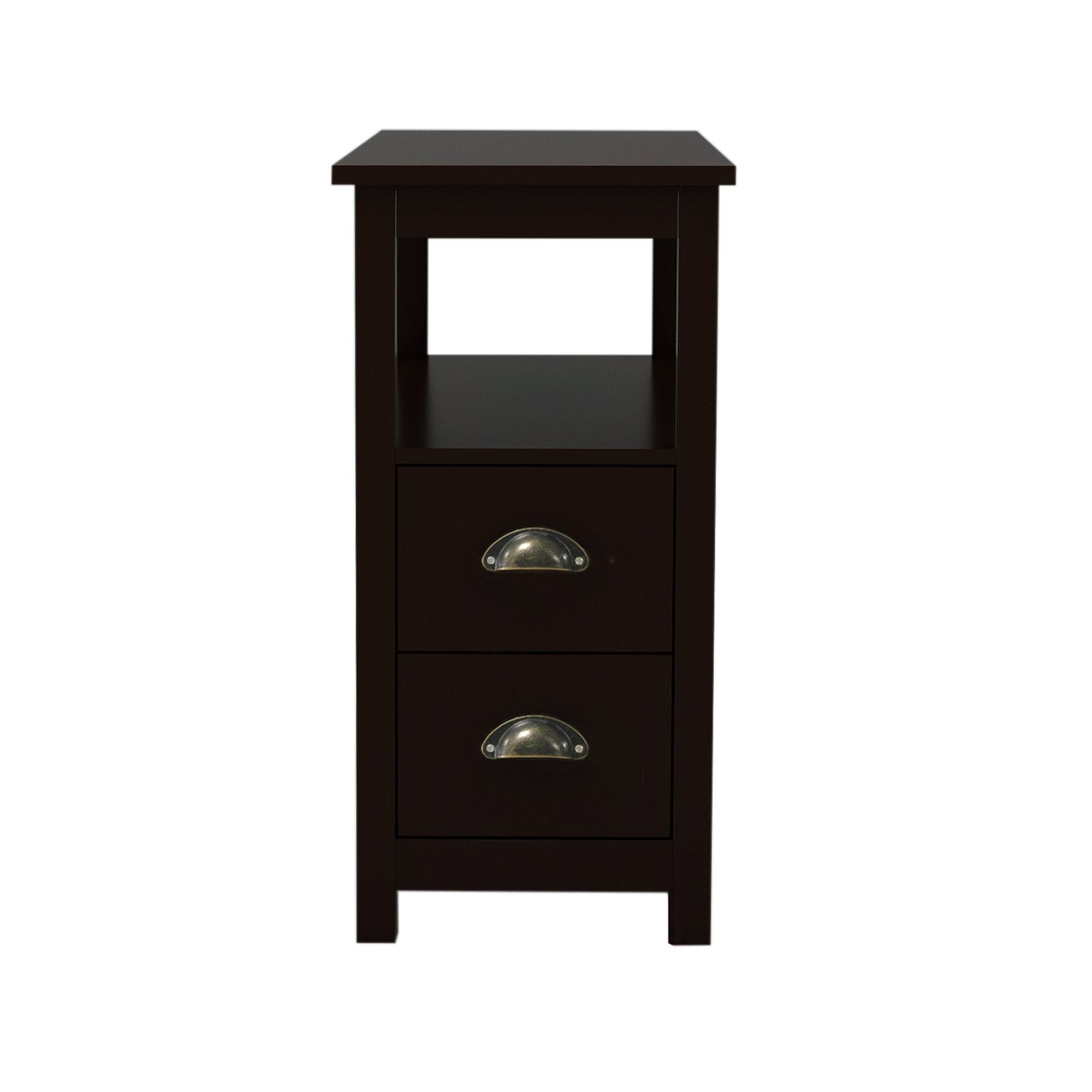 Narrow Nightstand End Table with 2 Drawers, Metal Semicircular Handles